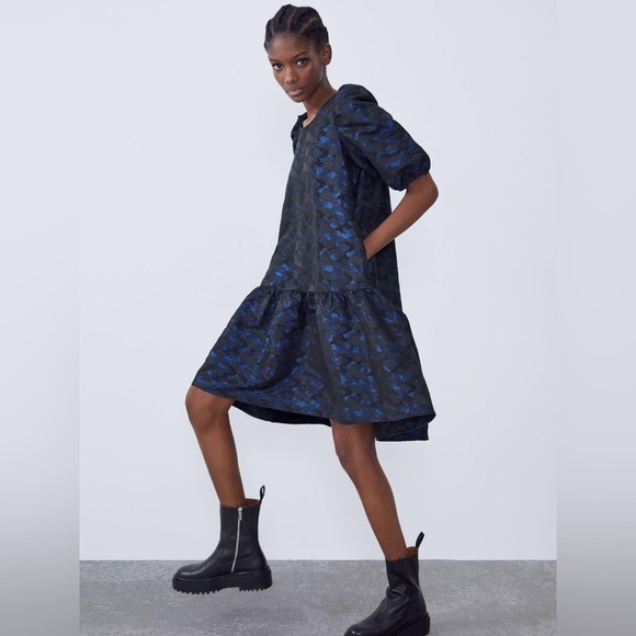 NWT ZARA Women’s Blue Black Camo Jacquard Volume Cool Dress XS X-Small Medium M - Picture 8 of 13